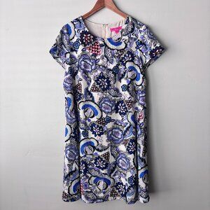 Betsey Johnson Floral Paisley A-Line Shift Dress White Blue Sz 10 Boho Y2K Retro